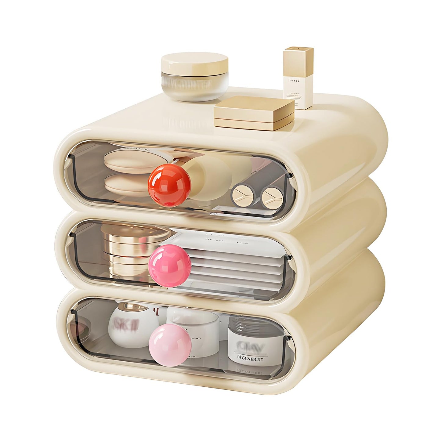 MavHubrix 3-Tier Drawer Makeup Organizer for Vanity Small Desk - Non-Stackable Clear Front Cosmetic Storage Holder for Bathroom Counter & Office Desktop -7.9x7.5x7.3in (Cream White)
