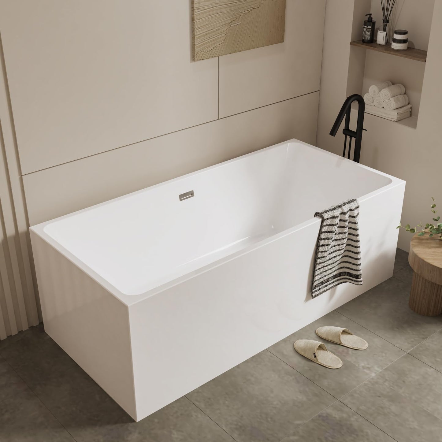 67" Acrylic Free Standing Bathtub, White Contemporary Soaking Tub with Chrome Overflow & Drain, Easy to Install Modern Bath Tub