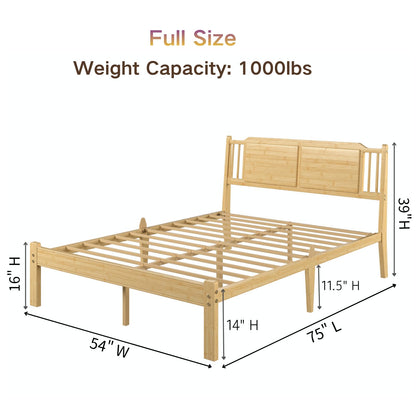 COMASACH Full Size Bed Frame with Headboard, 14 Inch Full Bamboo Wood Platform Bed, Heavy Duty Metal Slat Support, No Box Spring Needed, Easy Assembly