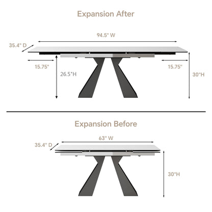 TimesGate Extendable Dining Table for 8-12 Seat, Flexible Stretch, Tabletop Made from Rock Plate and Tempered Glass, Solid Carbon Steel Base, 35.4" D x 94.5" W x 30" H, White Top