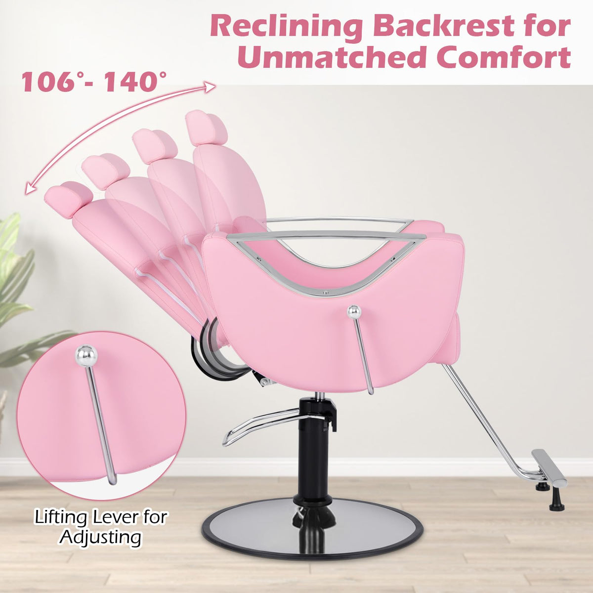 Giantex Reclining Barber Chair - Salon Chair for Hair Stylist, 360 Degrees Swivel, Adjustable Height & Headrest, Heavy Duty Hydraulic Pump, Hair Styling Chair for Makeup Facial Waxing Tattoo (Pink)