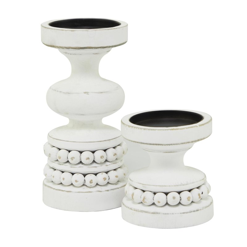 Deco 79 Wood Decorative Candle Holder Beaded Pillar Candle Stand, Set of 2 Candlestick Holder 8", 4"H, White