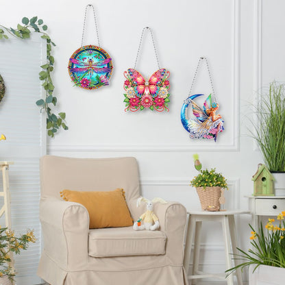 3Pcs DIY Hanging Diamond Art Pendant Kit Butterfly Dragonfly Fairy, Special Crystal Acrylic Diamonds Painting Ornament Kit for Adults, 5D Diamond Art Suncatchers Gem Painting Box Kit (Pink)