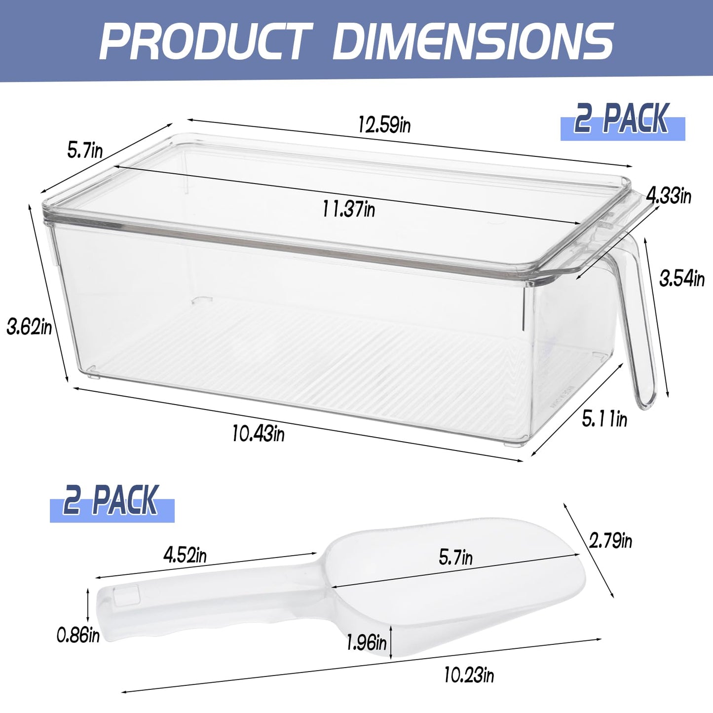 2 Set Ice Storage Bins for Freezer with Lid and Flexible Scoop, Transparent Plastic Ice Container with Pull-Out Handle Kitchen Food Storage Organizer for Home Office Fridge Kitchen