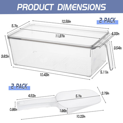 2 Set Ice Storage Bins for Freezer with Lid and Flexible Scoop, Transparent Plastic Ice Container with Pull-Out Handle Kitchen Food Storage Organizer for Home Office Fridge Kitchen