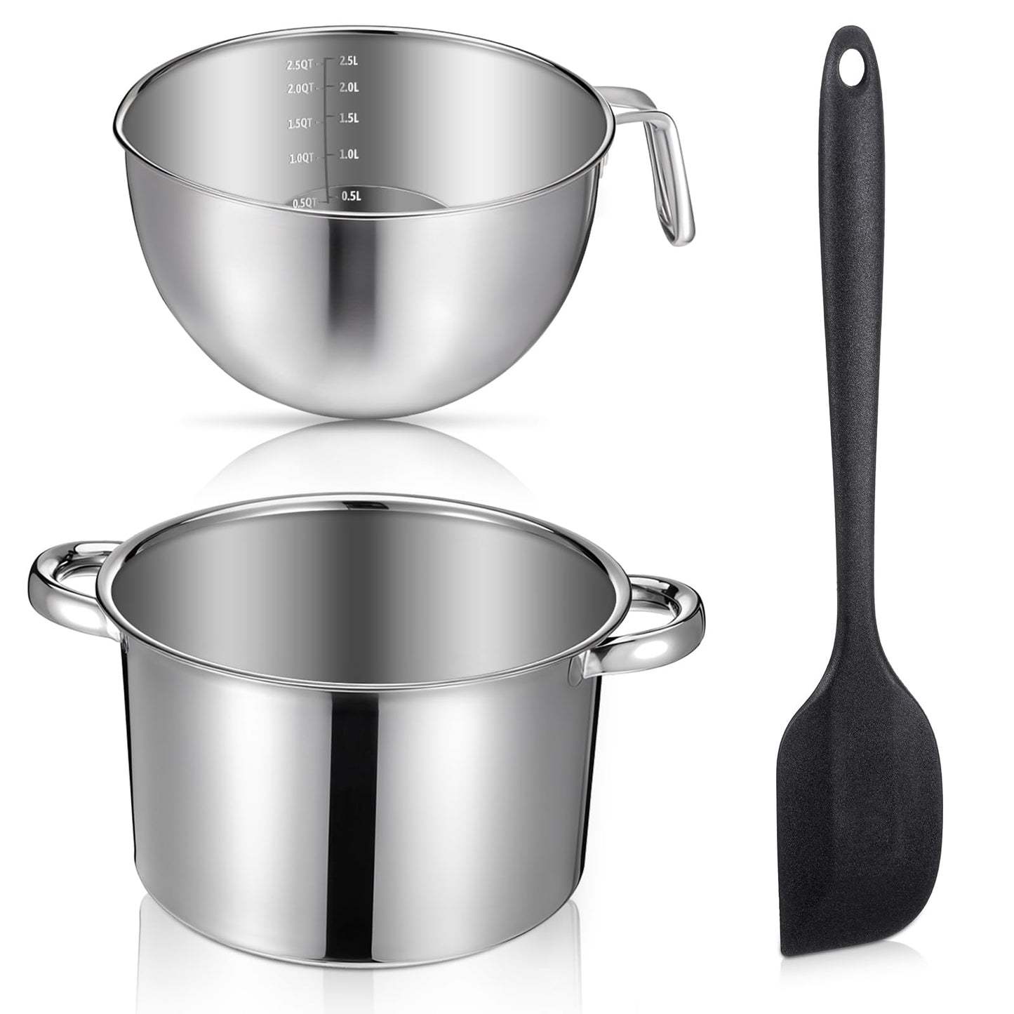 Double Boiler Pot Set, Include 2500ml/2.3QT Mixing Bowl and 4000ml/3.63qt Stainless Steel Pot, Silicone Spatula, For Candy, Soap Wax Candle Making Supplies, Induction Safe