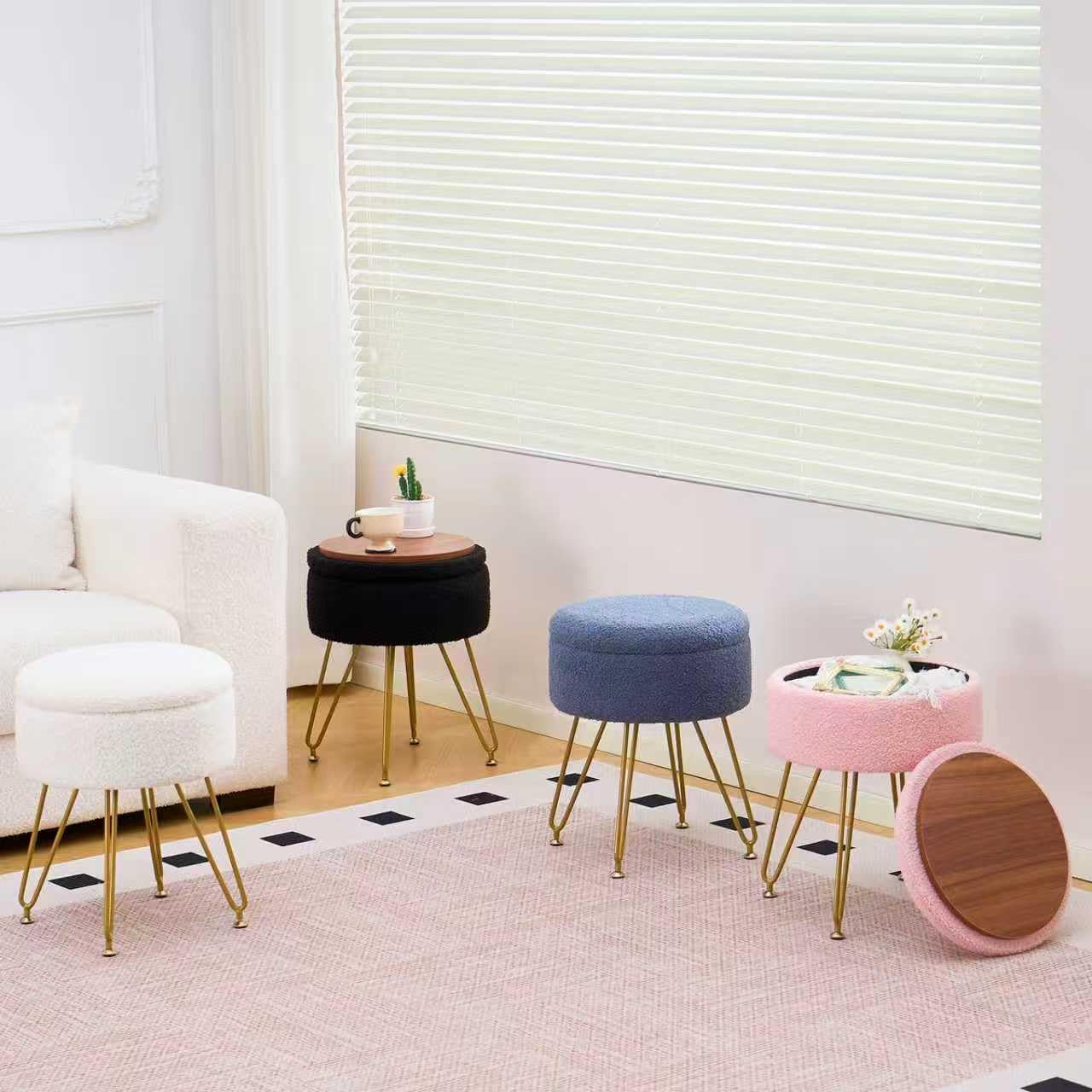 Wimarsbon Storage Ottoman,Teddy Velvet Vanity Stool,Soft Padded Seat,Round Footrest with Removable Cover and Adjustable