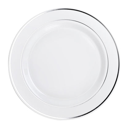 OCCASIONS 40 Piece Disposable Plastic Charger Plates 12 Inch Heavyweight Chargers for Dinner Plates, Wedding, Party, Bulk Table Setting – Premium White & Silver Rim Collection