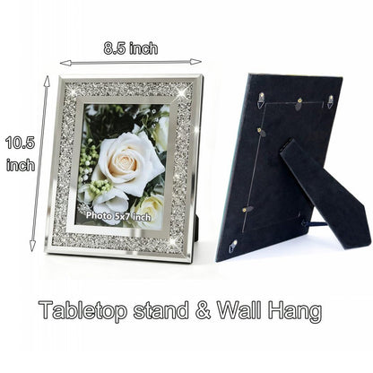 ALLARTONLY Crush Diamond Mirror Photo Frame In Bling Sparkle Crystal Silver Glass Finish, For Picture Size 5x7 inch, Pack of 2 Piece, table top Stand frame & Wall Frame