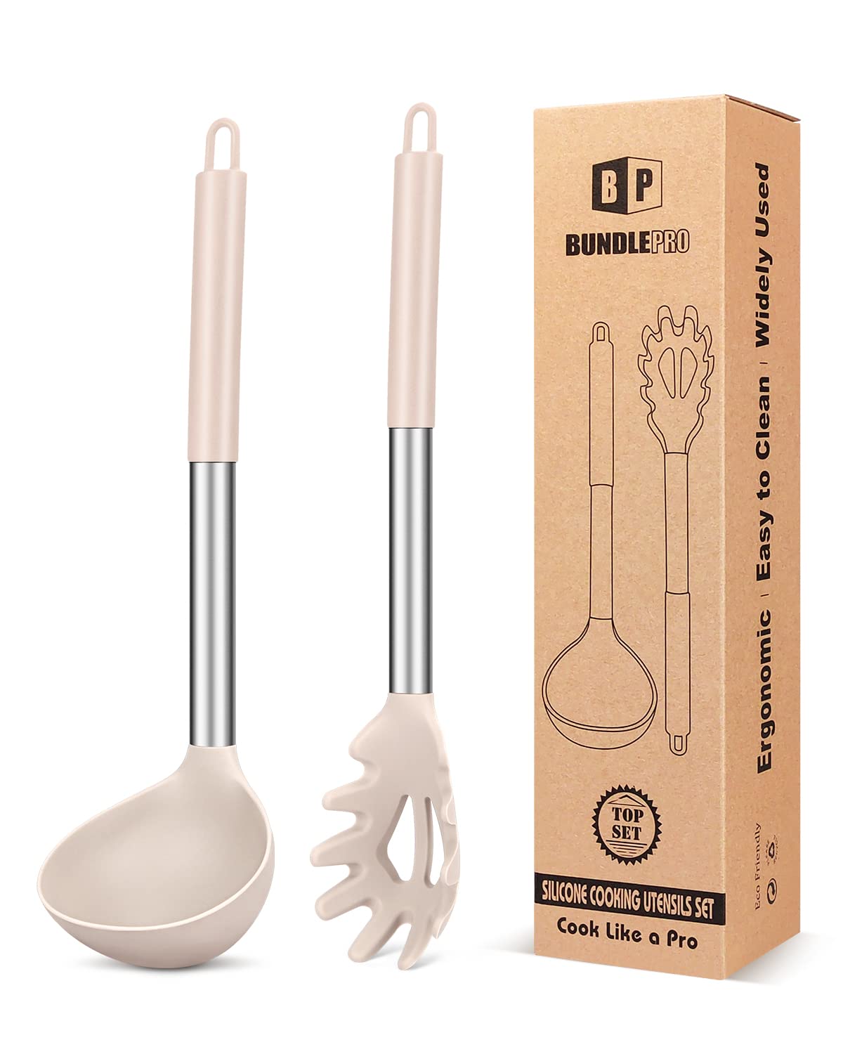 Silicone Pasta Fork and Ladle Spoon Set, Large Non Stick Kitchen Utensils for Cooking,Stirring,Serving Spaghetti, Soup, Sauce (KHAKI)