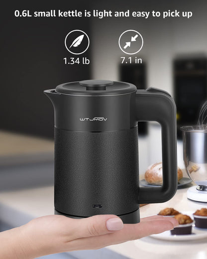 WTJMOV 0.6L Small Electric Tea Kettle Lightweight, 20 Ounce Double Wall Hot Water Boiler Stainless Steel Auto Shut-off, 120V Portable Travel Electric Kettle Fast Boil for Tea and Coffee, Black