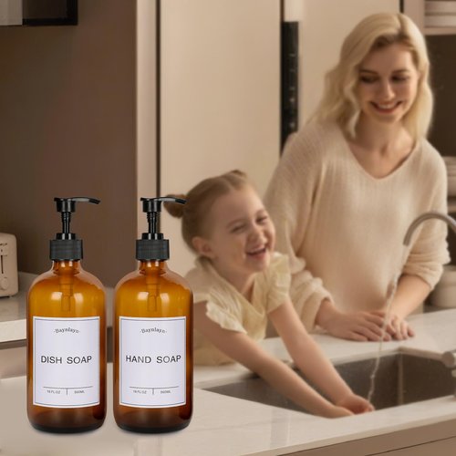 Baynlayn Amber Glass soap Dispenser with Anti-Rust Pump. Refillable Kitchen and Bathroom soap Dispenser for Dish soap, Hand sanitiser, Shampoo, Conditioner, Lotion, Shower Gel Conditioner 16 oz 2pack