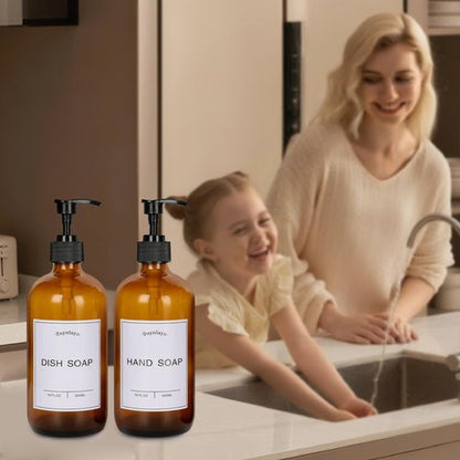 Baynlayn Amber Glass soap Dispenser with Anti-Rust Pump. Refillable Kitchen and Bathroom soap Dispenser for Dish soap, Hand sanitiser, Shampoo, Conditioner, Lotion, Shower Gel Conditioner 16 oz 2pack