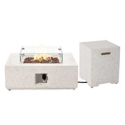 COSIEST 35-inch Square Outdoor Sandstone Propane Fire Pit w Wind Guard and Side Table, Certified, 50,000 BTU Stainless Steel Burner, Free Lava Rocks and Rain Cover, Metal Lid(Beige)