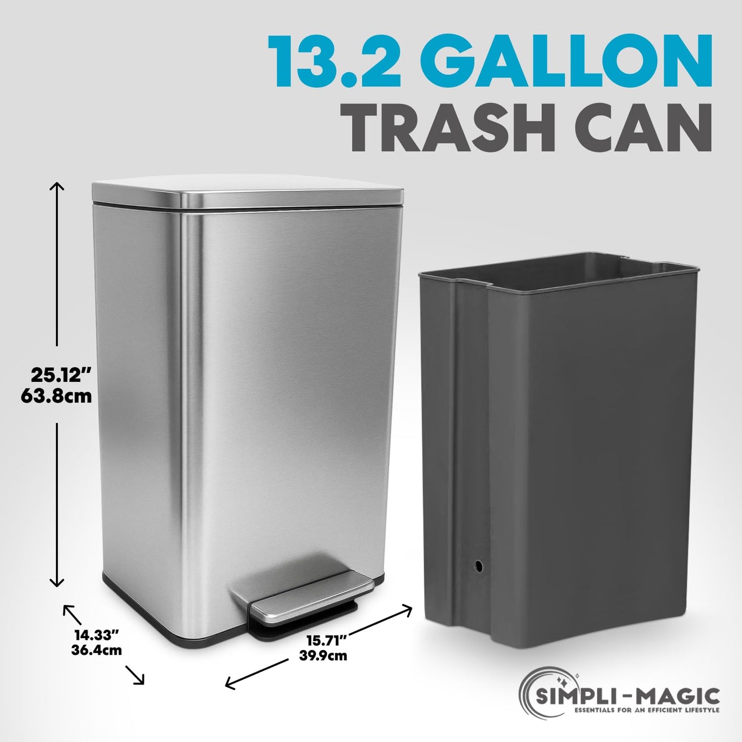 SIMPLI-MAGIC 50 Liter / 13.2 Gallon Soft-Close, Smudge Resistant Trash Can with Foot Pedal and Built in Filter- Stainless Steel, Sleek Finish
