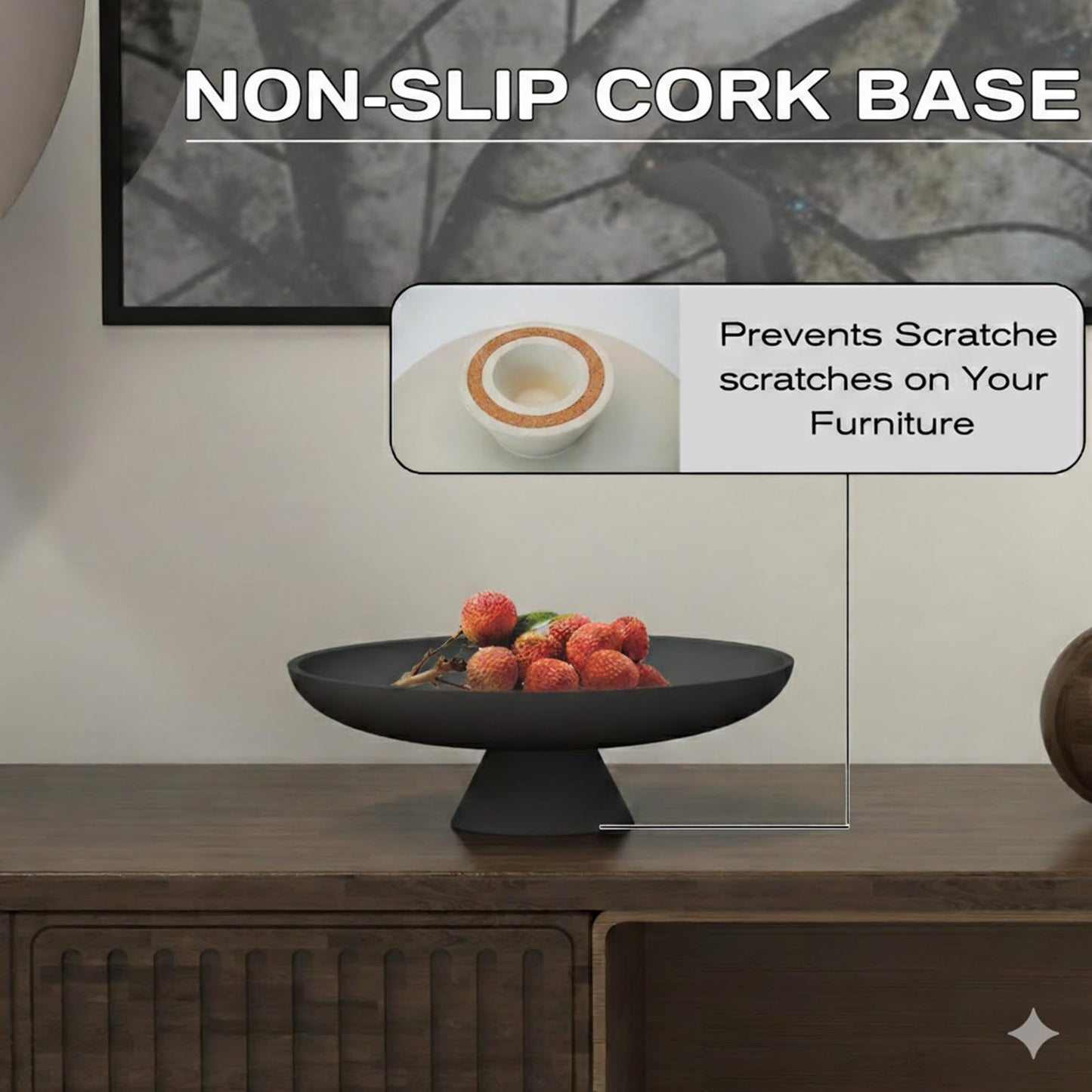 Wageso Modern Concrete Pedestal Fruit Bowl – Handmade 12" Centerpiece for Kitchen Counter, Coffee Table & Entryway – Non-Slip Cork Base, Heavy Duty Home Decor Tray for Keys, Storage – Black