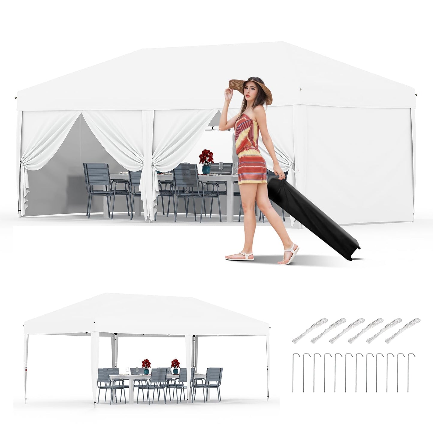 GarveeHome 10x20Ft Pop Up Canopy Tent, One Push Setup Beach Tent, Outdoor Canopy with 6 Sidewalls & Sandbags, Adjustable Height, Waterproof, Sun Shelter for Events, Camping, Backyard (White)