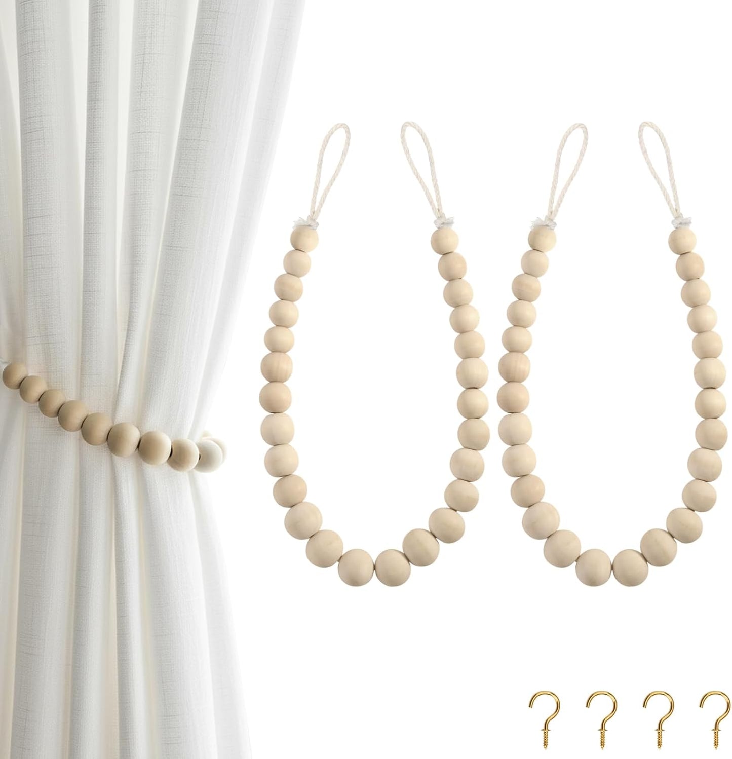 2 Hion Pcs Boho Curtain Tiebacks,Wood Beads Curtain Holdbacks,Outdoor Farmhouse Tie Backs for Curtains,Curtain Holders