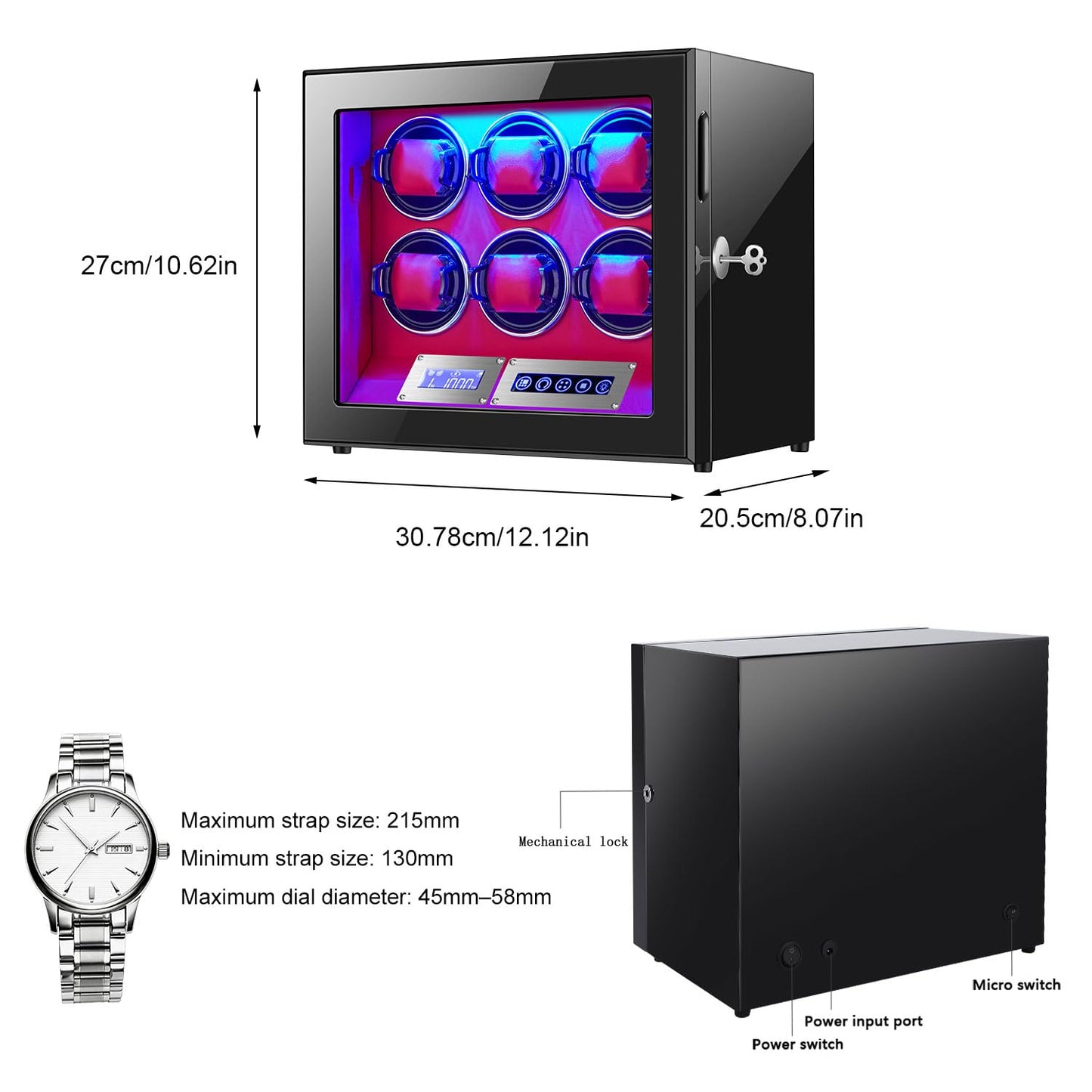 GCCRGRC Watch Winder 6 Slots Automatic Watches,Ultra-Quiet Japanese Motors, Built-in LED Illumination and LCD Touchscreen Control