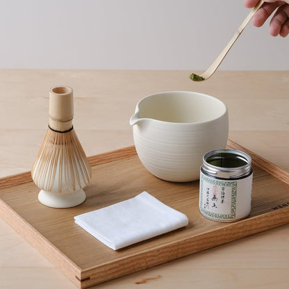 Matcha Whisk Set, Ceramic Matcha Bowl & Whisk Holder, Bamboo Accessory, Modern Design (Matte Crème, Pouring Spout) (Matte Crème)