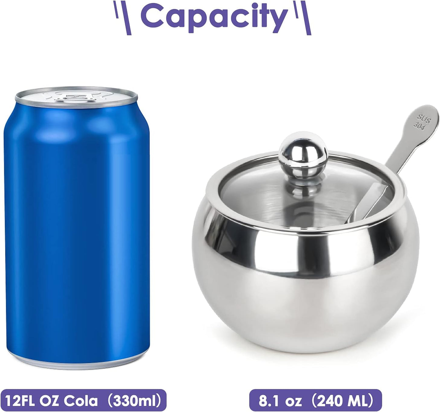 asika Stainless Steel Sugar Bowl with Clear Lid and Spoon, Drum Shape Small Condiment Container for Home, 8.1 Ounces