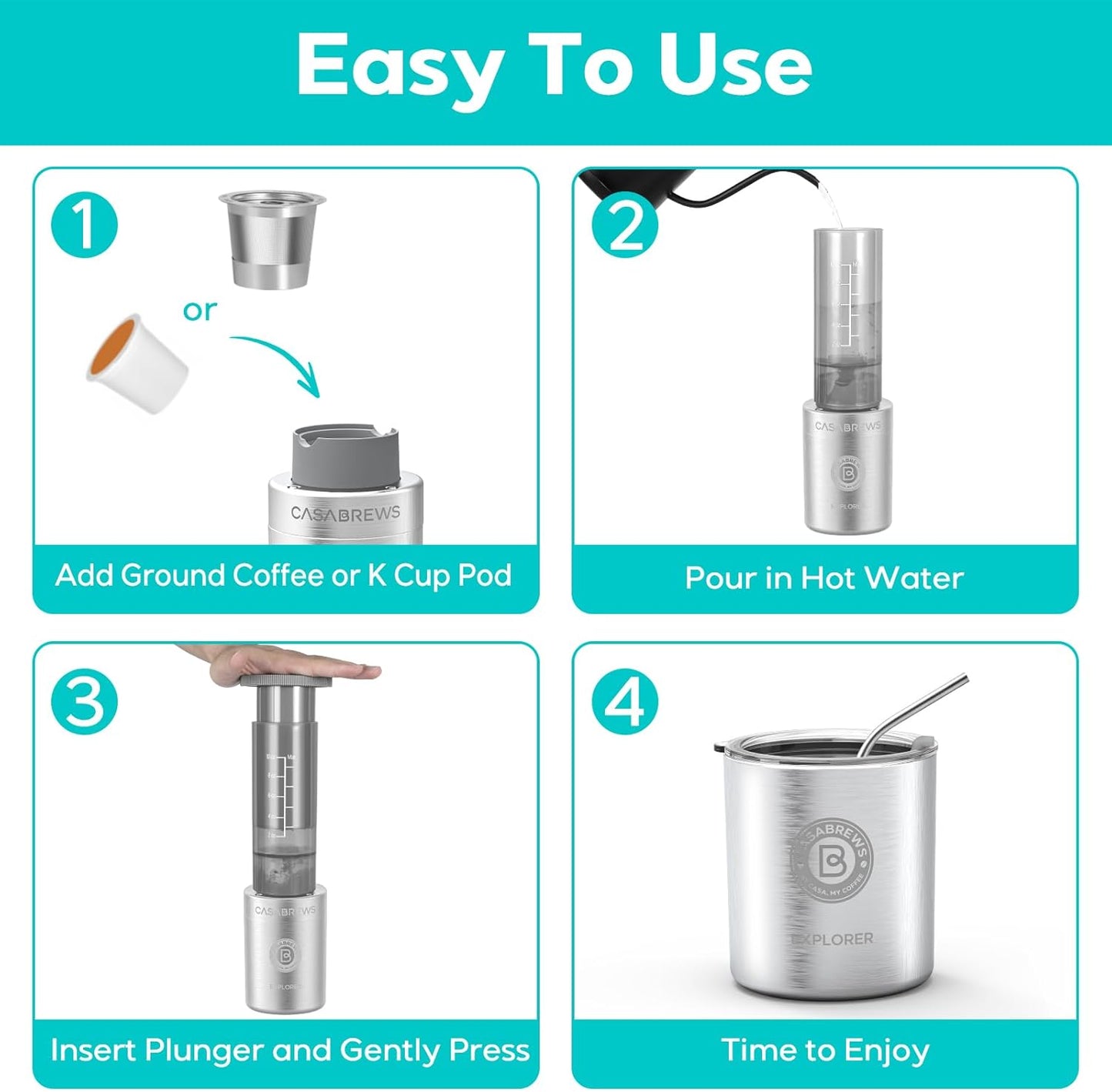 CASABREWS Portable Coffee Maker, 2 in 1 Small Travel Machine for K Cup Pod or Ground Coffee, Quick Press Kit with