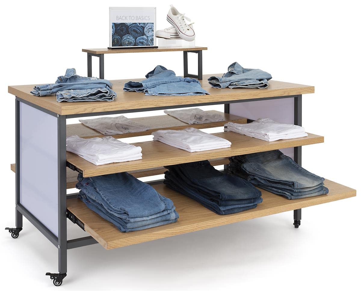 Displays2go Tiered Retail Display Table w/Wheels and Removable Top Riser - Natural Wood (SM3TWDR)