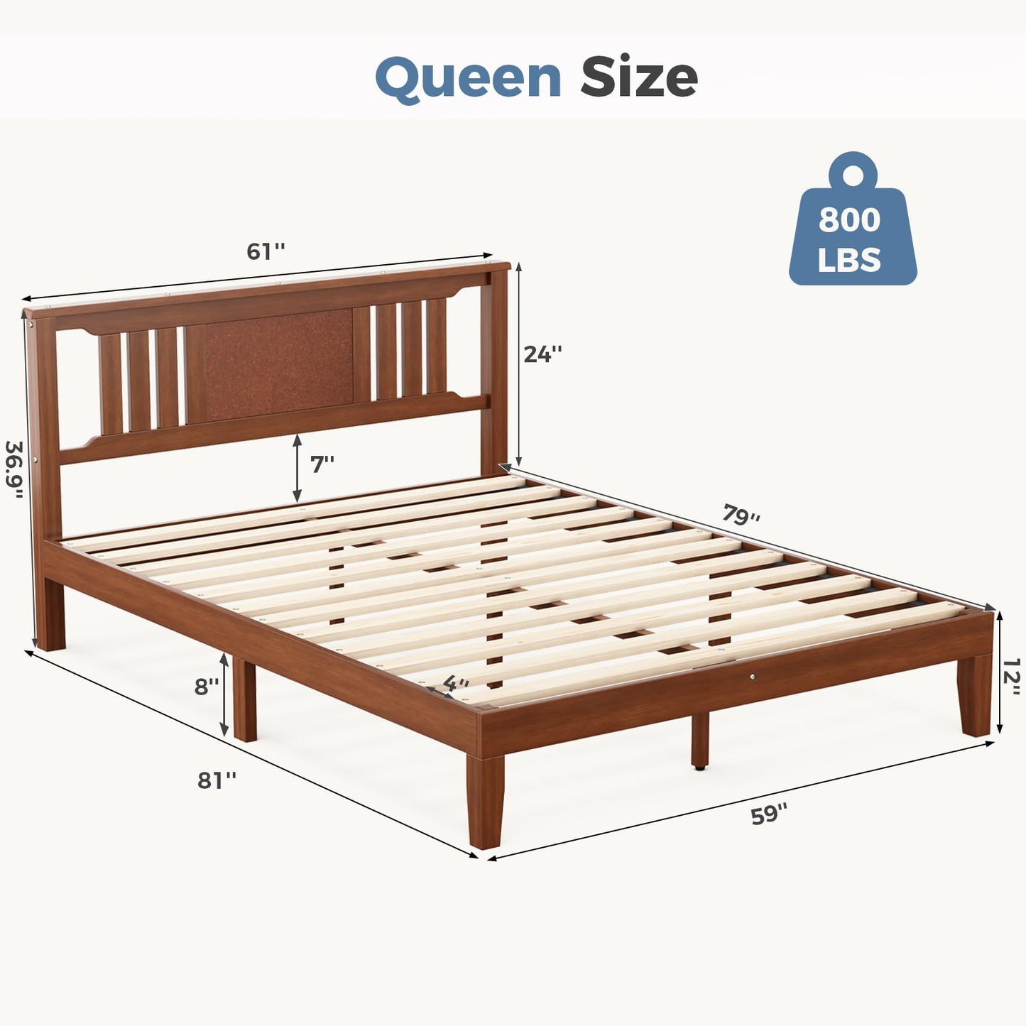 HAPPYMONT Solid Wood Bed Frame, Queen Size Platform Bed Frame with Headboard, Sturdy Wood Slat Support, Heavy Duty Pine Wood Bed Frame for Bedroom, No Box Spring Needed