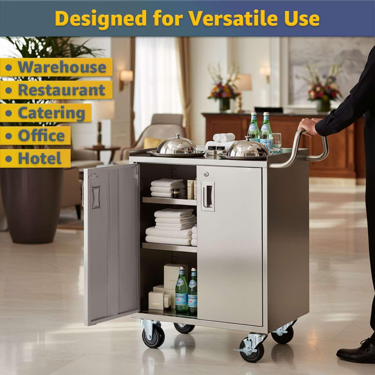 16" x 24" Stainless Steel Utility Cart with Enclosed Base and Locking Doors - 3 Shelf Heavy-Duty 18-Gauge 304 Steel Rolling Cabinet - NSF Commercial Service Cart for Kitchen, Catering, Restaurant