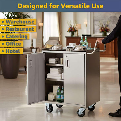 16" x 24" Stainless Steel Utility Cart with Enclosed Base and Locking Doors - 3 Shelf Heavy-Duty 18-Gauge 304 Steel Rolling Cabinet - NSF Commercial Service Cart for Kitchen, Catering, Restaurant