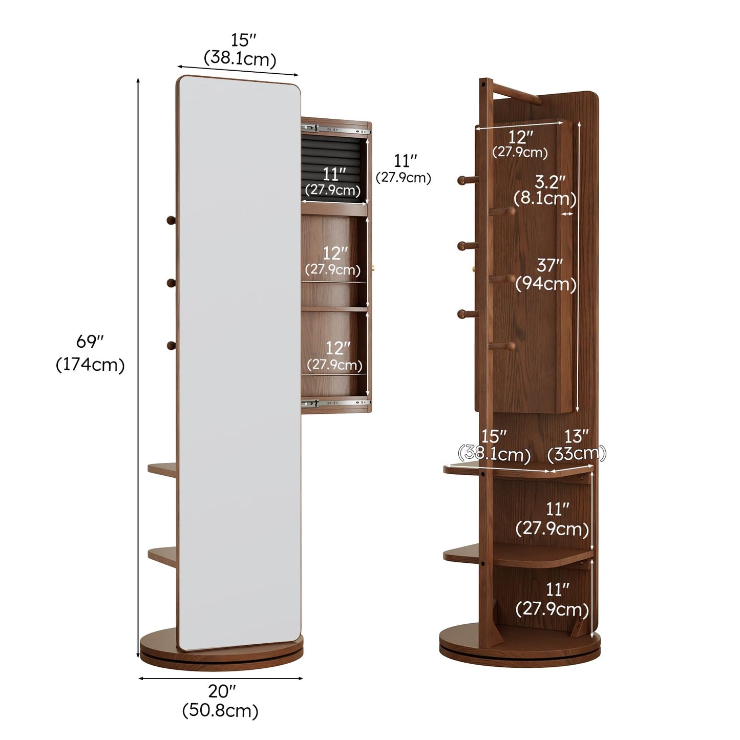 Mansfieler 69" H×20" W Solid Wood Mirror Jewelry Cabinet,360°Swivel Jewelry Organizer,Jewelry Armoire Cabinet Standing,Full Length Mirror with Storage&Coat Rack,Walnut