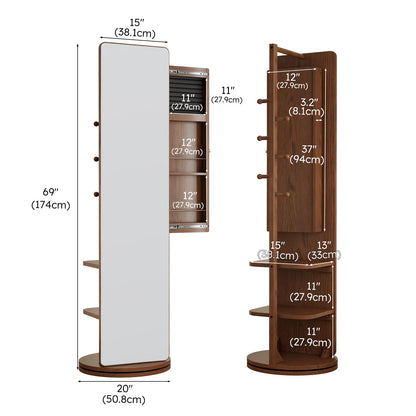 Mansfieler 69" H×20" W Solid Wood Mirror Jewelry Cabinet,360°Swivel Jewelry Organizer,Jewelry Armoire Cabinet Standing,Full Length Mirror with Storage&Coat Rack,Walnut