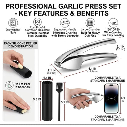TAHINO Stainless Steel Garlic Press – Heavy Duty Manual Garlic Crusher & Mincer, Ergonomic Handheld Garlic Press Tool for Kitchen, Easy Squeeze & Durable Garlic Crusher