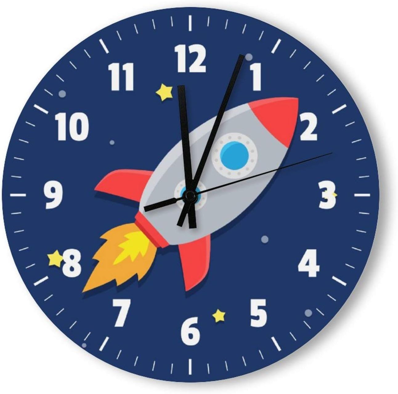 Round Wood Wall Clock, Rocket Ship Outer Space Design for Kids Room, Battery Operated, No Sound