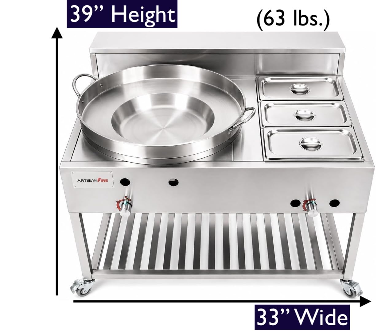 Stainless Steel Concave Discada Grill Stove with 3 Pan Steam Table-Large Comal Taco Cart-with Hose + Regulator-Ideal for Commercial and Home Use