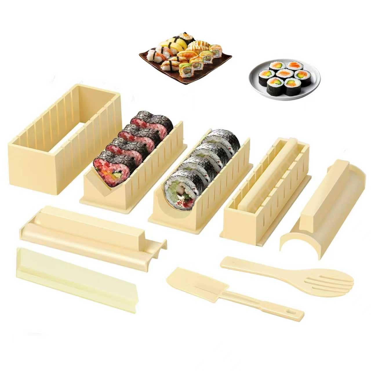 XPAPOV Sushi Making Kit, Sushi Maker 10 Pcs Plastic Sushi Tool Set Sushi Rice Roll Mold Shapes, DIY Sushi Roller Tool for Home (Beige)