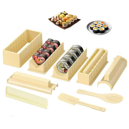 XPAPOV Sushi Making Kit, Sushi Maker 10 Pcs Plastic Sushi Tool Set Sushi Rice Roll Mold Shapes, DIY Sushi Roller Tool for Home (Beige)