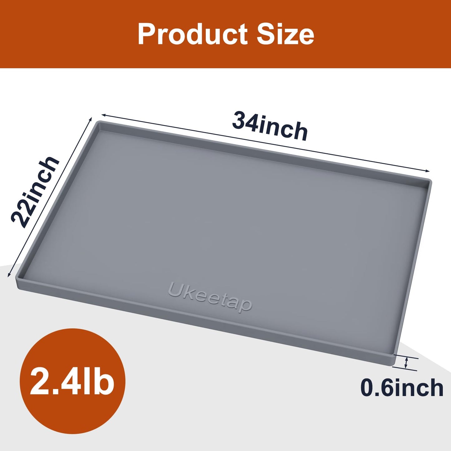 ukeetap Extra Thick Silicone Mat Waterproof with Raised Edge 34" x 22", Under Sink Mat for Kitchen & Bathroom, Kitchen Cabinet Liner, Multi-Purpose for Storage & Protection, Gray
