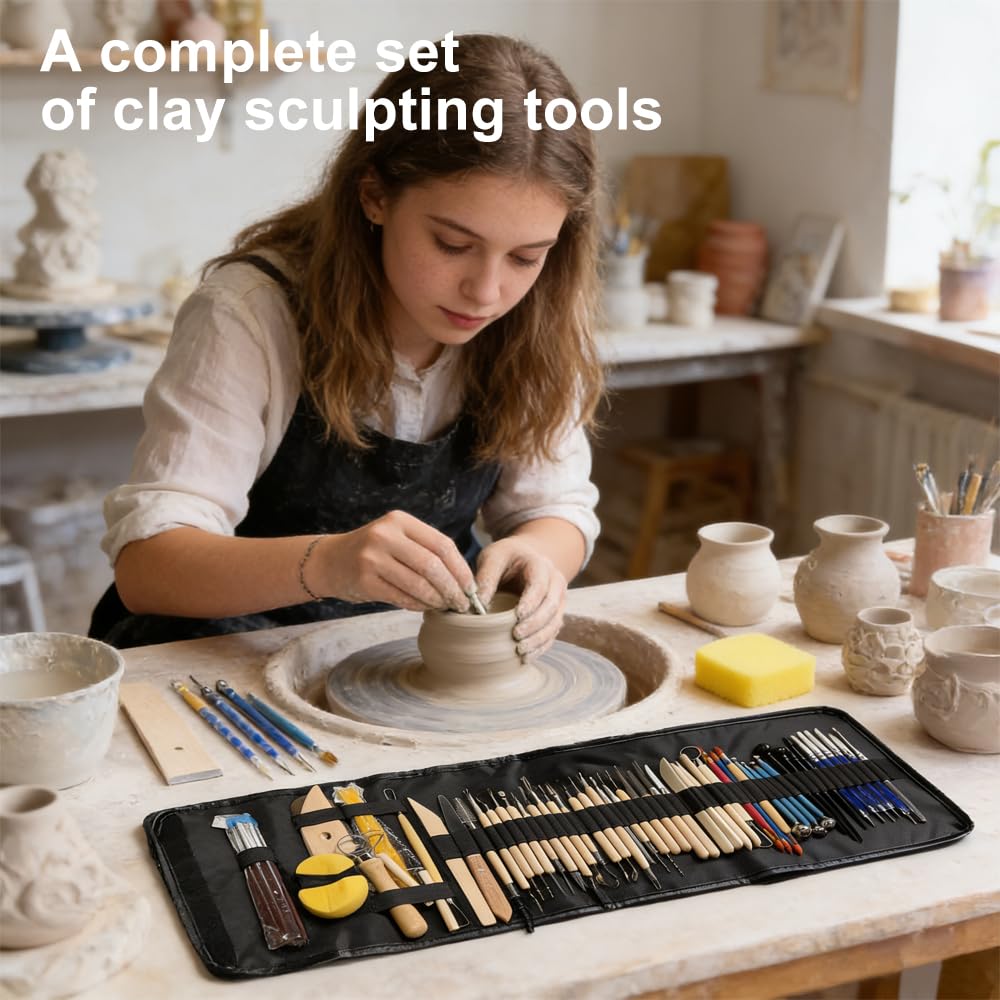 61 PCS Complete Clay Sculpting Tools Kit: All-in-One Pottery Tools with Stainless Steel & Wooden Handles for Modeling Polymer, Ceramic, Air Dry Clay - for Beginners & Artists