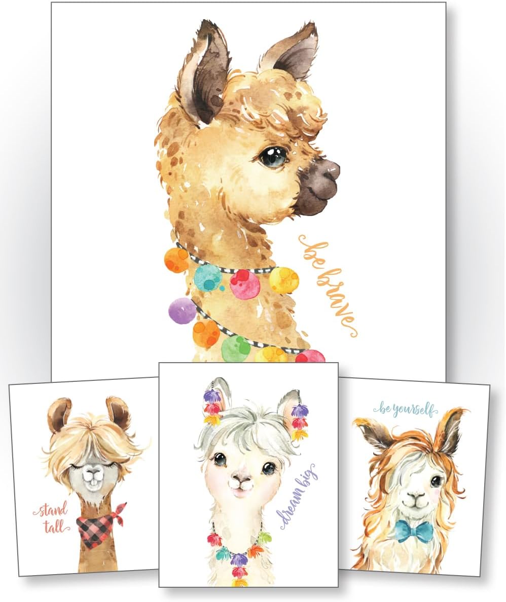 Confetti Fox Llama Nursery Wall Art Decor - 8x10 Unframed Set of 4 Prints, Kids Cute Alpaca Pictures