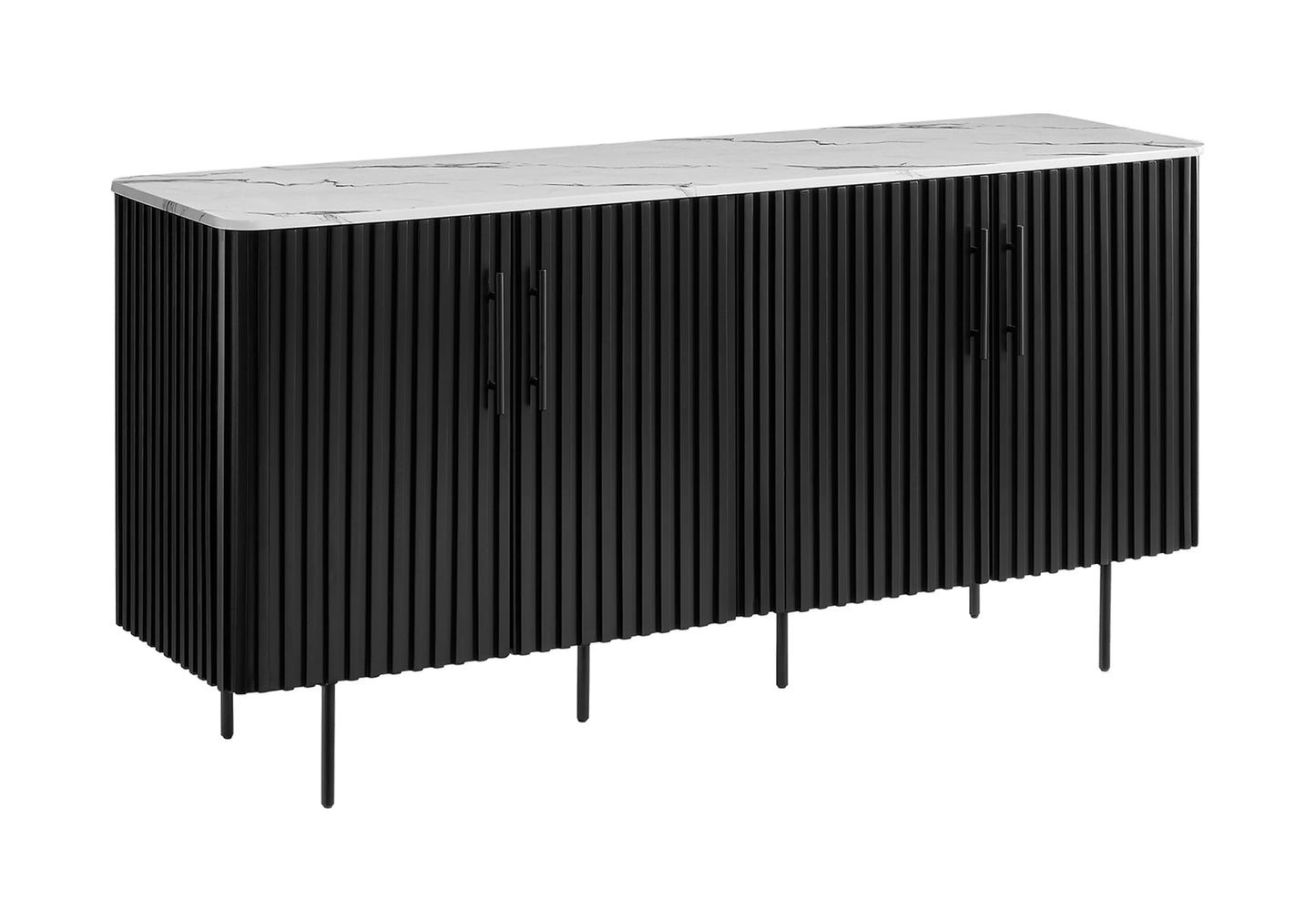 Monarch Specialties I 1225 Cabinet, 66" Wide, Sideboard, Buffet, Dining Room, White Faux Marble, Black Laminate, Contemporary, Modern