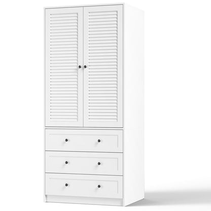 GarveeHome Armoire Wardrobe Closet with Drawers, 69.5 in Wooden Wardrobe Cabinet with Hanging Rod, 2 Doors Clothing Storage Cabinet for Bedroom, Large Capacity Storage, Louvered Door, White