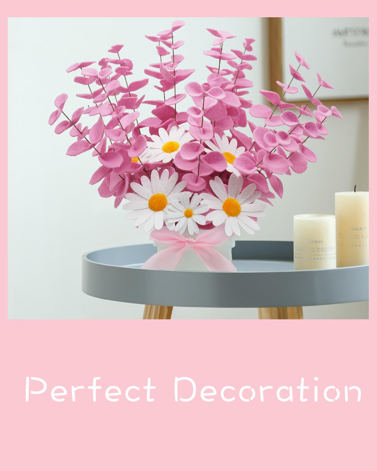 BAZIMA Felt Eucalyptus Daisy Bouquet,Felt Flowers,Multi-Color Felt Leaves,DIY Bouquet,Artificial Flower Bouquet with Flower Pot,Floral Gifts,15 Eucalyptus and 8 Daisies kit (Pink)