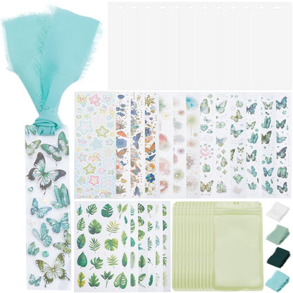 BEAMARKER Bookmark Making Kit 12Pcs Clear Acrylic Bookmark Blanks with 19 Sheets Flower Butterfly Star Theme Stickers 4m Green White Ribbon and 12 Gift Bags for DIY Crafts Green Theme