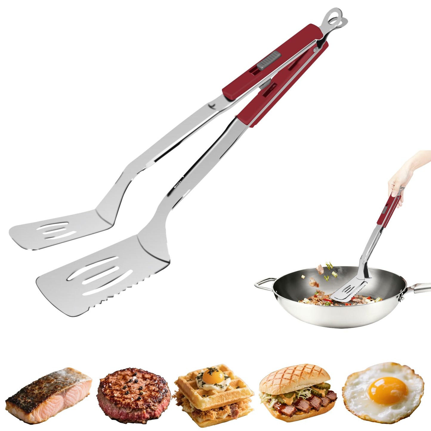 13.5-inch Stainless Steel Tongs for Cooking – Versatile Metal Spatula Tongs for Flipping, Picking Up, Cutting, and Stir-Frying Meats and Other Foods. Kitchen Tongs Durable and Multifunctional.(Red)