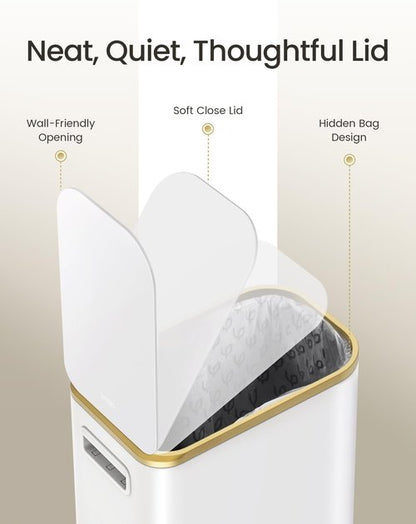 Cesun Small Bathroom Trash Can with Lid Soft Close, 5 Liter/1.3 Gallon Stainless Steel Garbage Can with Removable Inner Bucket, Step Pedal, Slim Waste Basket for Toilet, Office, Bedroom (White&Gold)