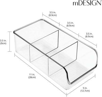 mDesign 4 Pack Plastic Food Storage Bin Organizer with 3 Compartments for Kitchen, Pantry, Shelf, Drawer, Fridge,