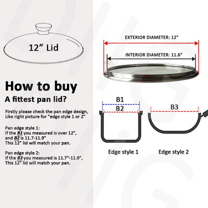 12" Glass Lid for Frying Pan, Tempered Replacement Cover Compatible with All 12 inches Cookware for Skillets, Round Cast Iron, Cast Aluminium, Stainless Steel Pans &Pots
