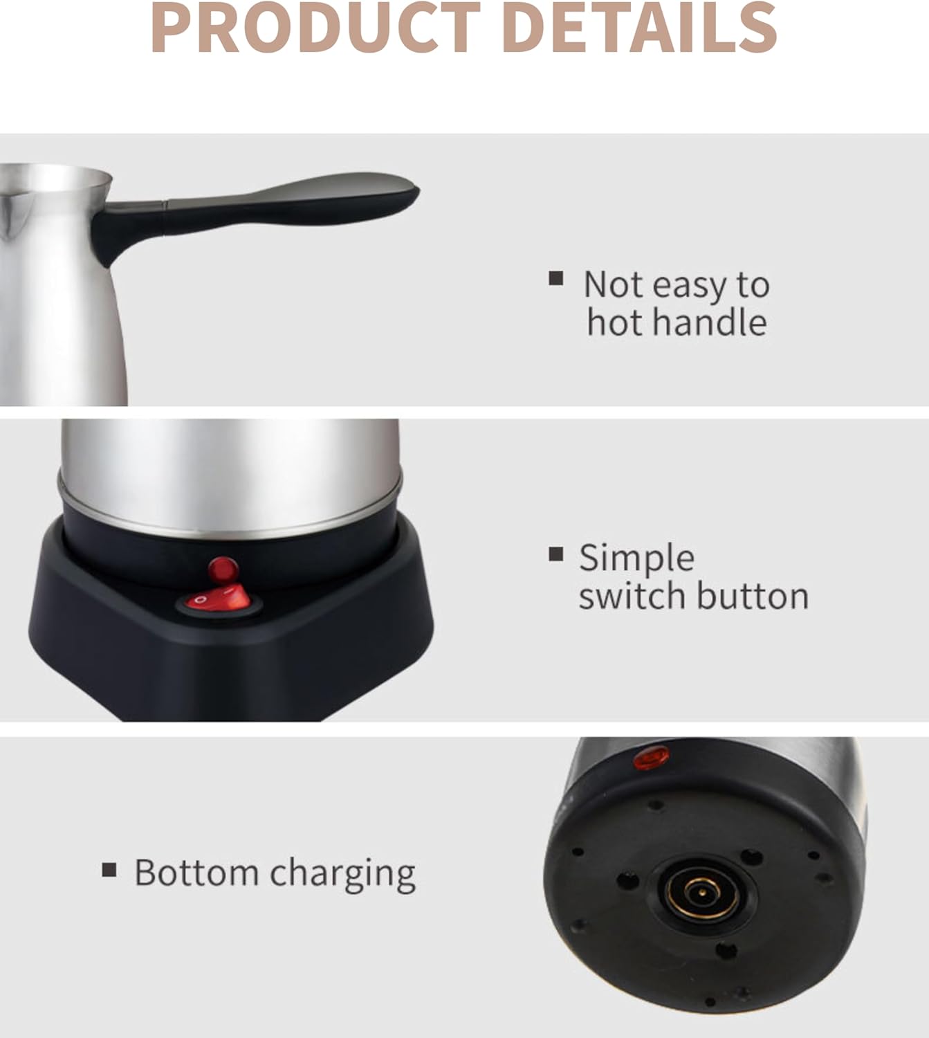 Electric Turkish Coffee Maker, 600ml Stainless Steel Pot, 5 to 6 Cup Capacity, Ergonomic Handle