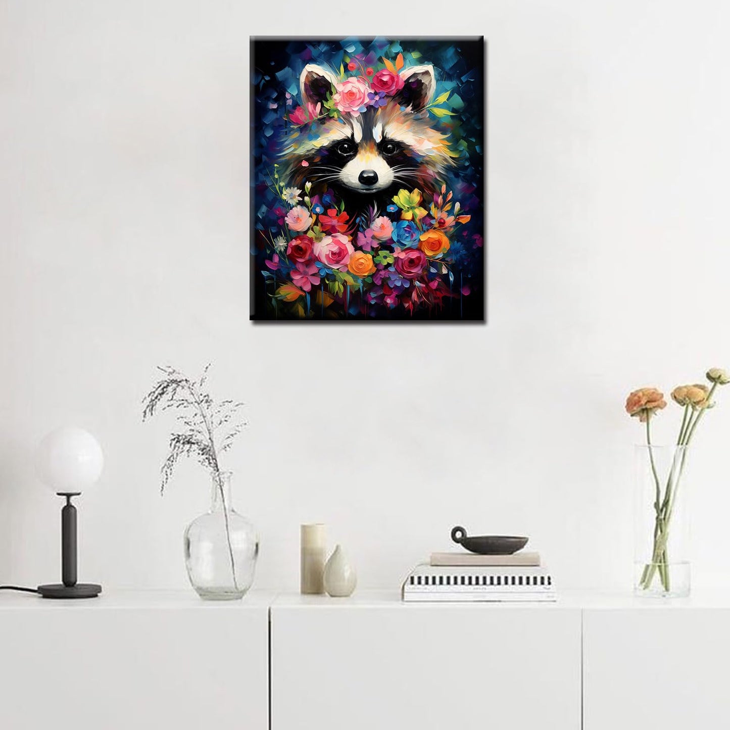 Tucocoo Raccoon Flowers Paint by Number for Adults Beginner, DIY Oil Painting Kits on Canvas with Brushes and Acrylic Pigment, Abstract Floral Cute Animal Picture for Home Decor 16x20inch (Frameless)